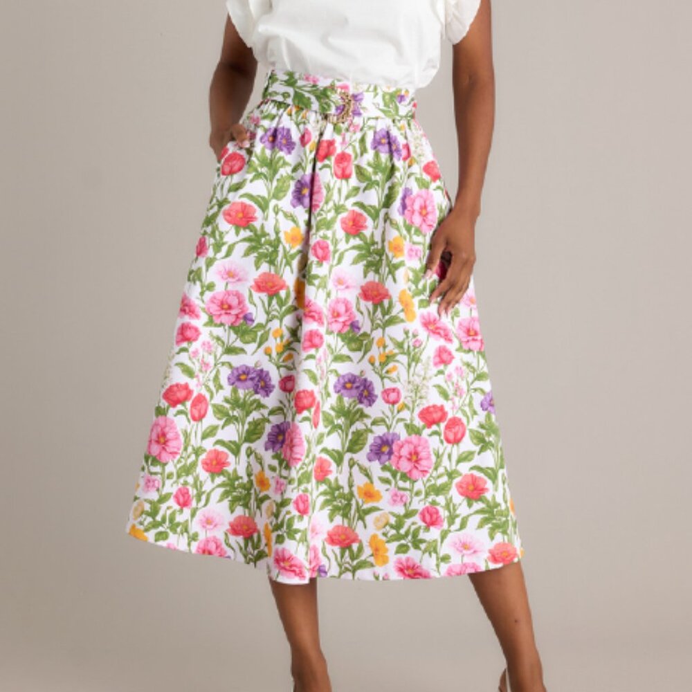 Floral Print White Maxi Skirt with Pink & Purple Blooms